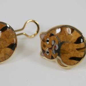 RARE Asch Grossbardt Cat Image 14K Gold Multi-Stone Inlay Clip-On Earrings NICE!